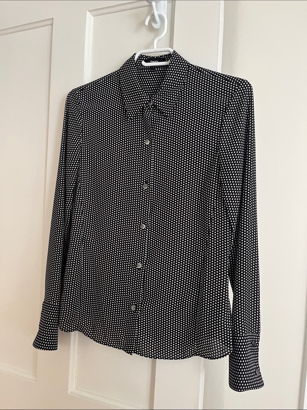THEORY Black and White Polka Dot Button-Up Women's Top